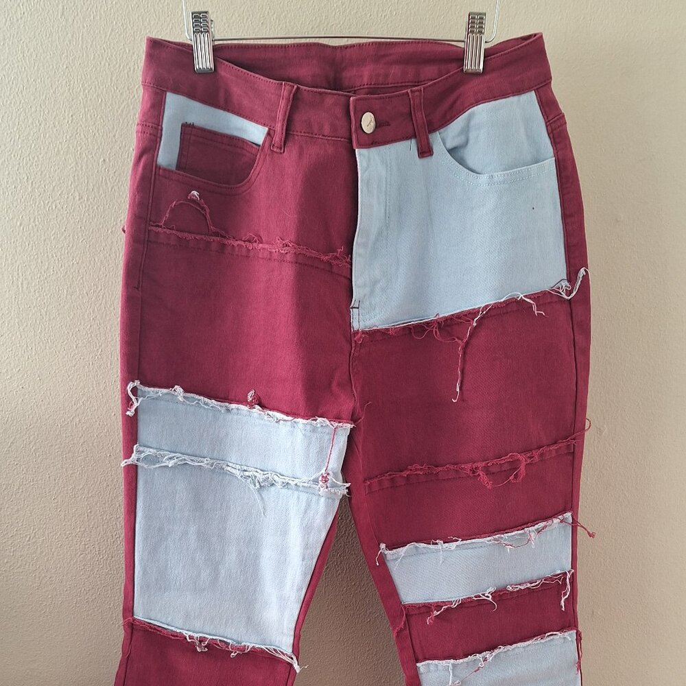 Women's Frayed Patchwork Jeans High Waist Denim Indigo Blue Red Pants Flare L/XL